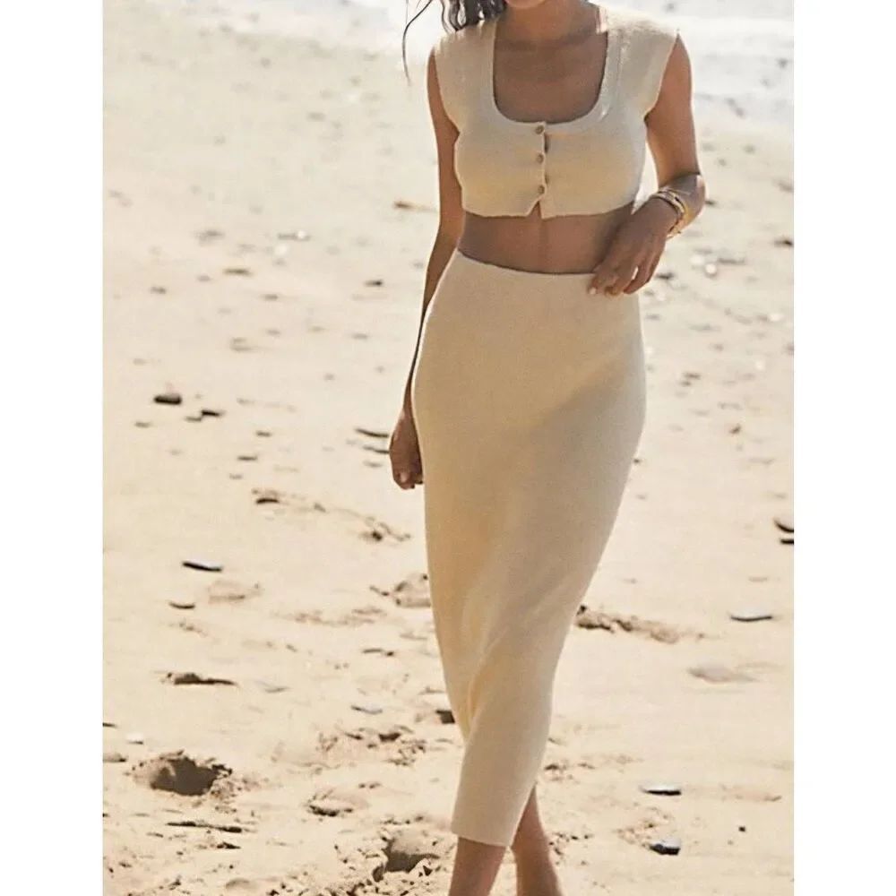 Free People Outfit Women's Large Neutral Riri Sweater Set Ribbed Knit Top Skirt